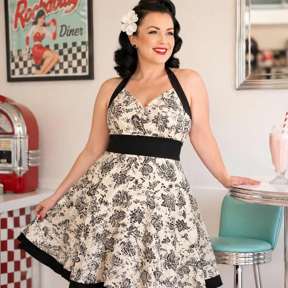 Rockabilly Pinup Halter Dress Women 10 Cream Black Paisley Y2K R&K Originals